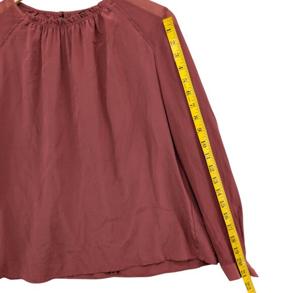 Club Monaco Silk Ruched Neck Top Womens Terracotta Red Long Sleeve Blouse Size M - Picture 8 of 9